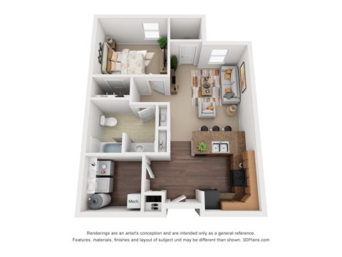 A 3D floor plan of a small apartment with a kitchen, living room, and bedroom.